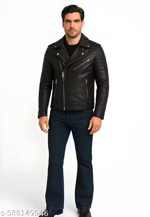 Little Cost ® Men's Men’s Black PU Leather Biker Jacket – Slim Fit, Quilted Design