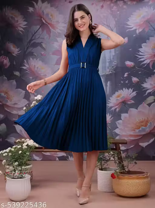 Fit N Flare Sleeveless Pleated Midi Dress with Belt | Elegant Party, Office & Casual Wear Dress