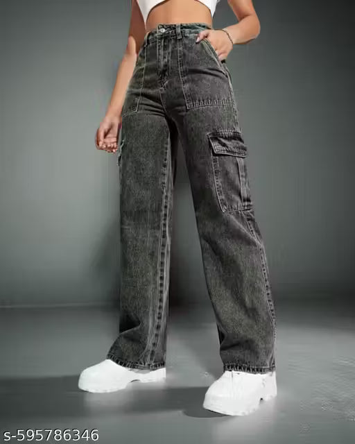 High waist, cargo jeans, loose fit, wide leg, washed black denim, side pockets, casual wear, trendy , women’s fashion.