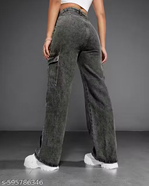 High waist, cargo jeans, loose fit, wide leg, washed black denim, side pockets, casual wear, trendy , women’s fashion.