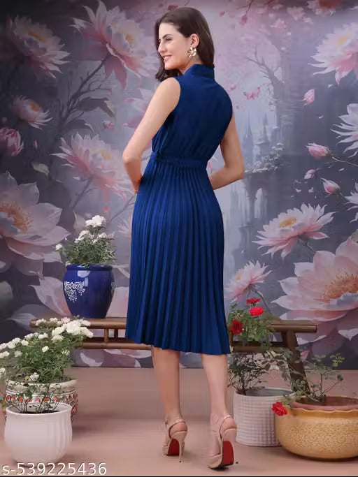 Fit N Flare Sleeveless Pleated Midi Dress with Belt | Elegant Party, Office & Casual Wear Dress