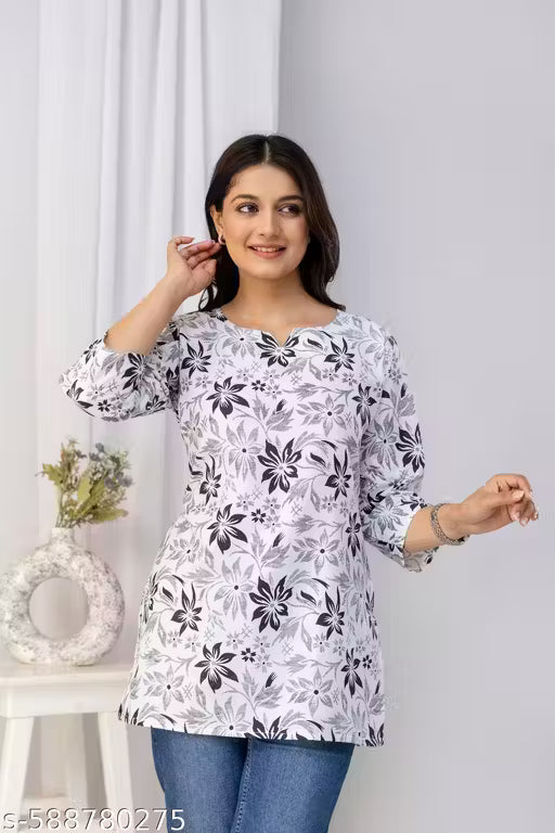 Stylish Floral Print Cotton Short Kurti for Women | Trendy Tunic for College & Office Wear