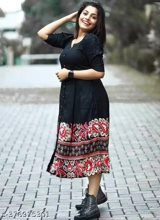 Women's Western One-Piece Dress | Long Anarkali Gown | Stylish Floral Summer Dress | A-Line Flared Umbrella Kurti | Elegant Rayon Printed Outfit for Festive Dress (Black)