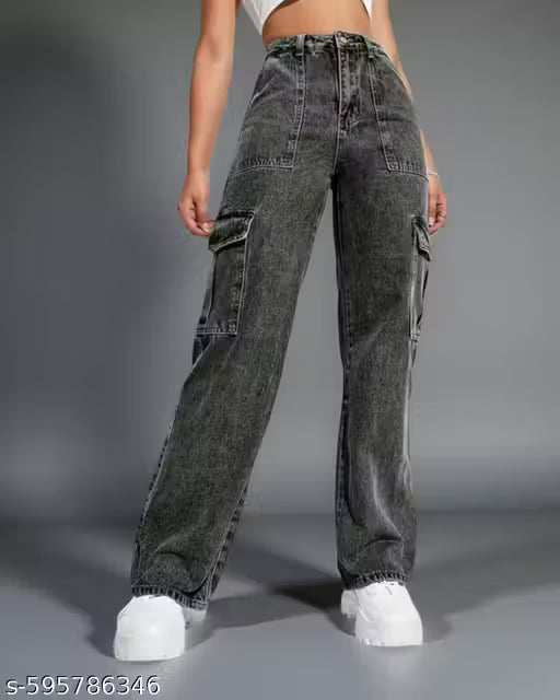 High waist, cargo jeans, loose fit, wide leg, washed black denim, side pockets, casual wear, trendy , women’s fashion.
