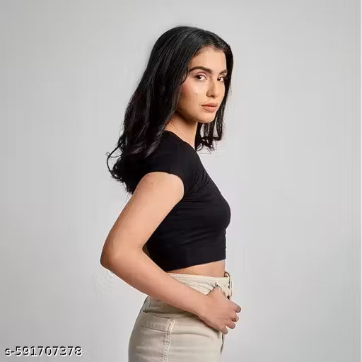 Women's Regular Fit Trendy Black Colour Plain Solid Cotton Crop Top for Girls and Women