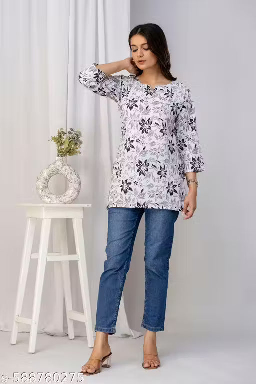 Stylish Floral Print Cotton Short Kurti for Women | Trendy Tunic for College & Office Wear
