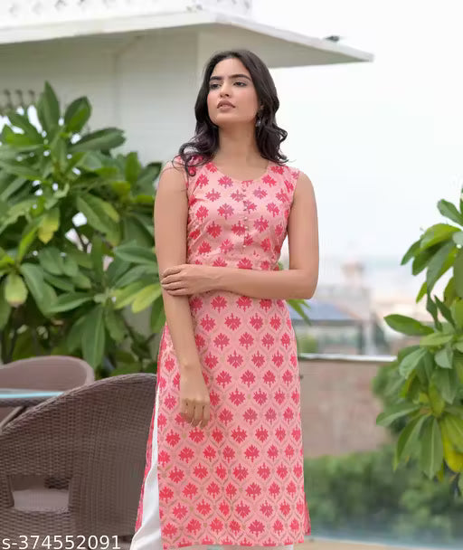 latest new printed round neck sleeveless ankle length pink kurta for women & girls