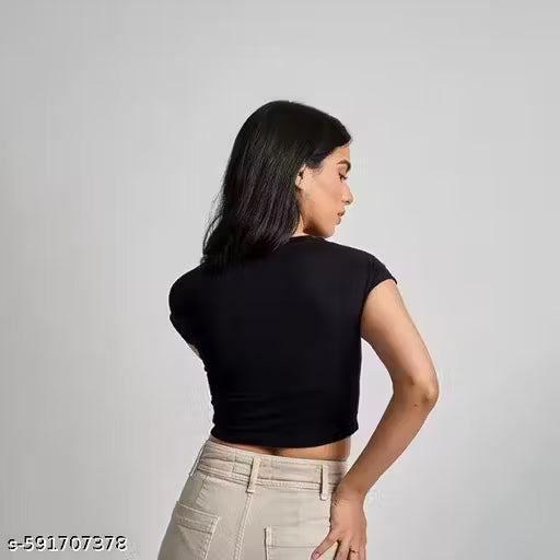 Women's Regular Fit Trendy Black Colour Plain Solid Cotton Crop Top for Girls and Women