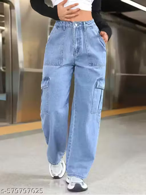 Light blue wide-leg denim cargo pants, high waist, relaxed fit, streetwear style, multiple pockets,
