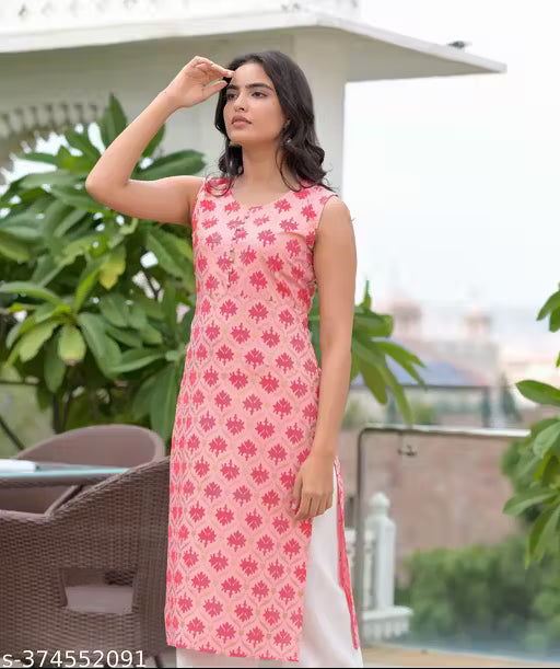 latest new printed round neck sleeveless ankle length pink kurta for women & girls