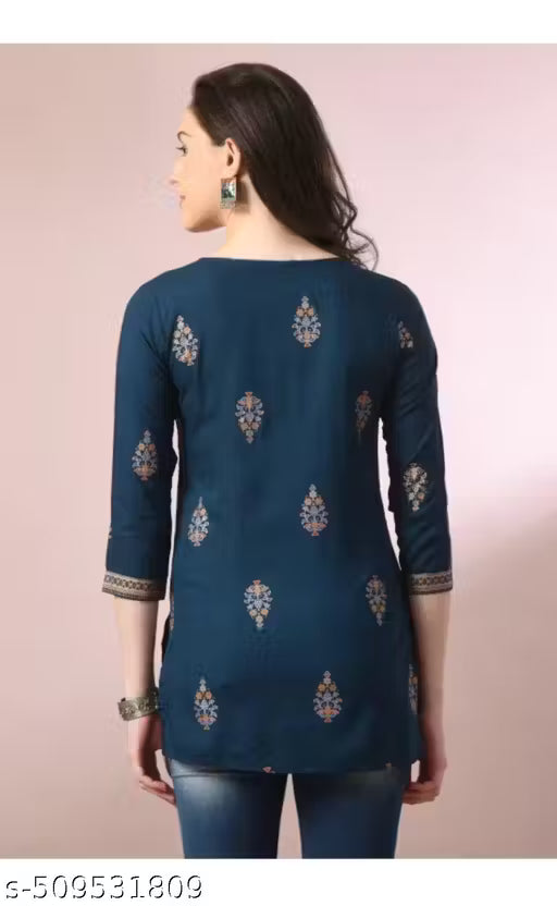 Women's Rayon Gold Printed A-line Short Top/Kurti for Casual wear, office wear Daily wear