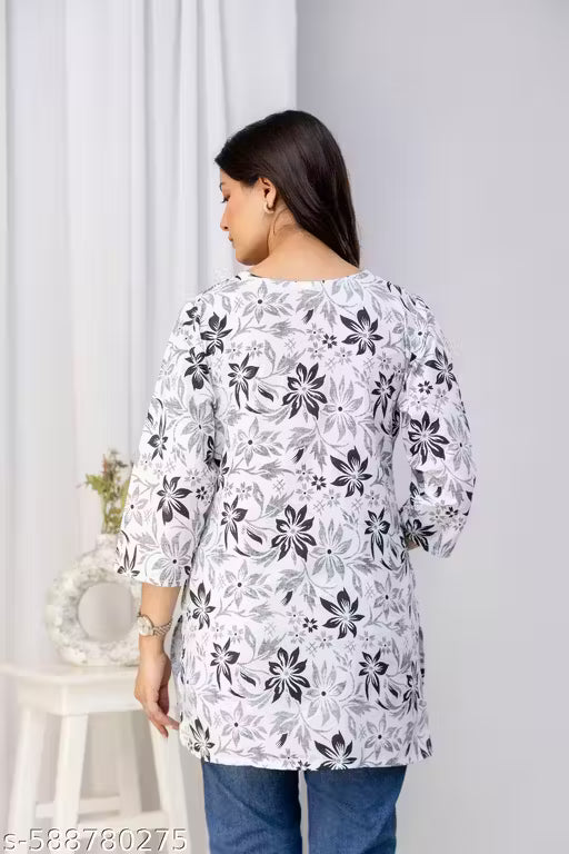Stylish Floral Print Cotton Short Kurti for Women | Trendy Tunic for College & Office Wear