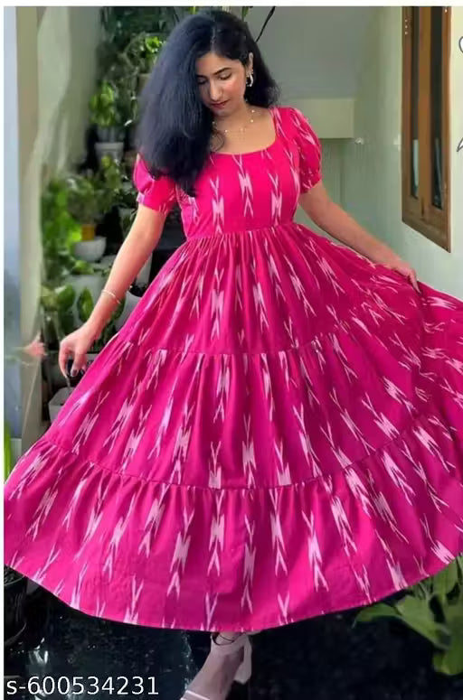 Pink Pari Stylish short Sleeve Floral Printed One Piece Dresses For Women Beautiful Kudi / Girls / Women’s Flower print Rayon Full Flair Middy Gown Stylish Latest Women Dresses