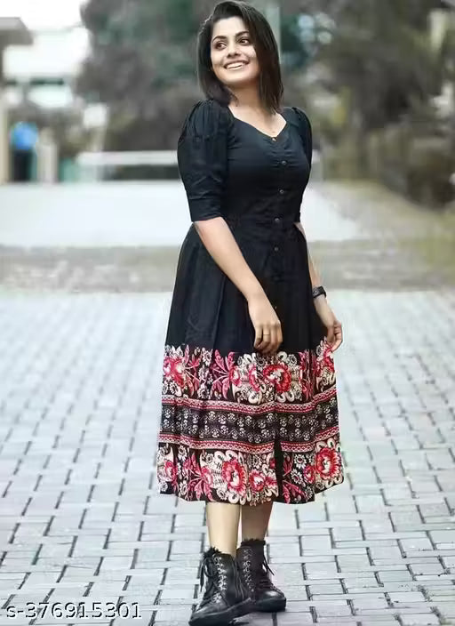 Women's Western One-Piece Dress | Long Anarkali Gown | Stylish Floral Summer Dress | A-Line Flared Umbrella Kurti | Elegant Rayon Printed Outfit for Festive Dress (Black)