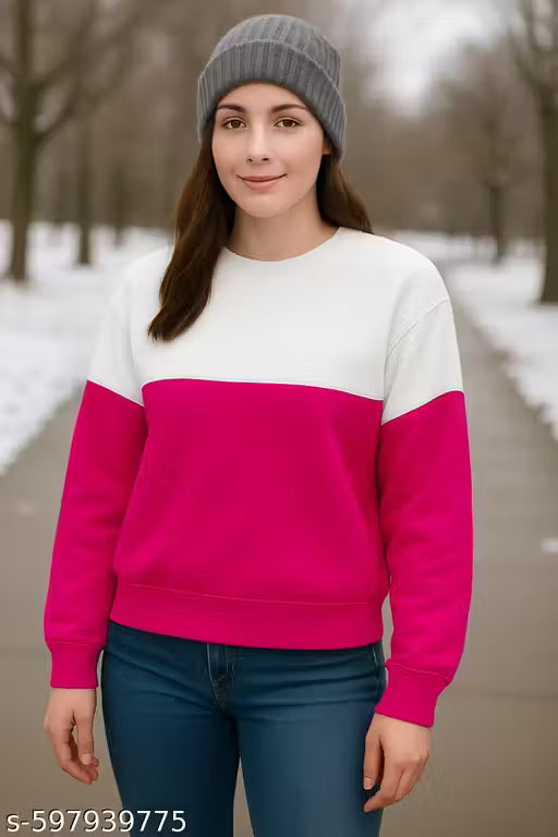 Sweatshirt For Women/Girl In Fleece for Winter in Rani and White stripe in Round Neck Regular Fit by Aparna Enterprises