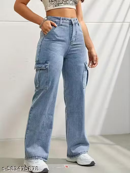 Glossia Fashion High Waist Cargo Denim Jeans for Women Wide Leg Stretchable Straight Fit Jeans