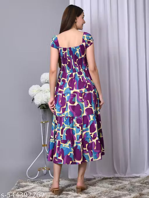 OTABU | Dress For Women | Multicolored Midi Dress for Women | Party Wear Dress | Smocked Bodice Dress | Off-Shoulder Neckline | Floral Printed Midi Dress for Women's