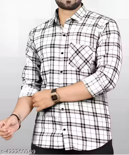 MENS WHITE TRENDY FORMAL N CASUAL CHECKED SHIRT