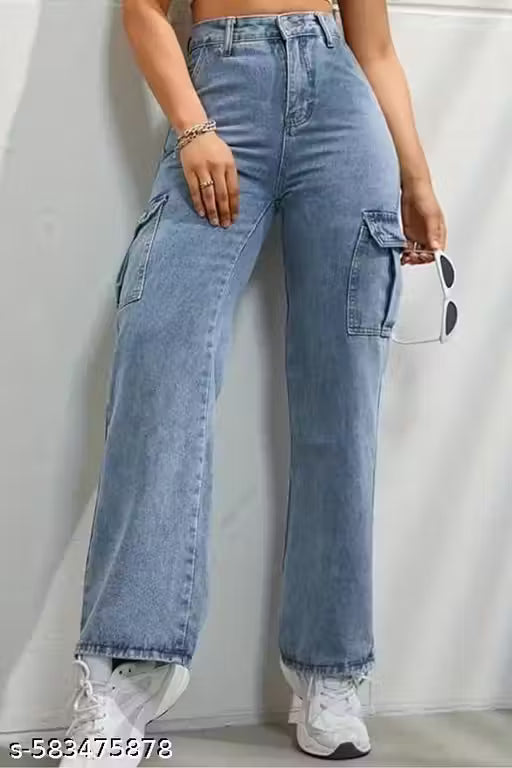 Glossia Fashion High Waist Cargo Denim Jeans for Women Wide Leg Stretchable Straight Fit Jeans