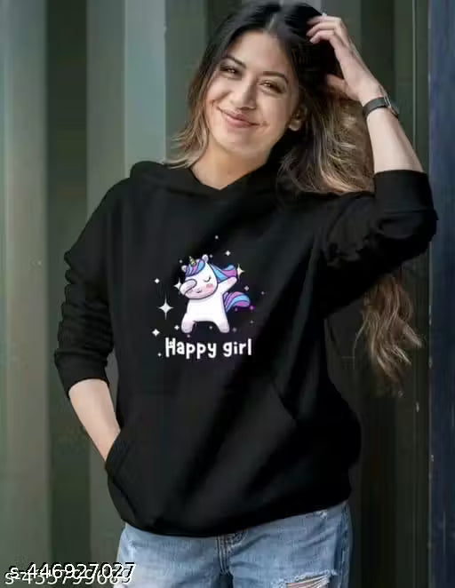 FASHIONABLE FLEECE FABRIC STYLISH PRINTED BLACK COLORED HOODIES FOR WOMEN || FLEECE FABRIC WINTER COMFORTABLE SWEATSHIRT-1