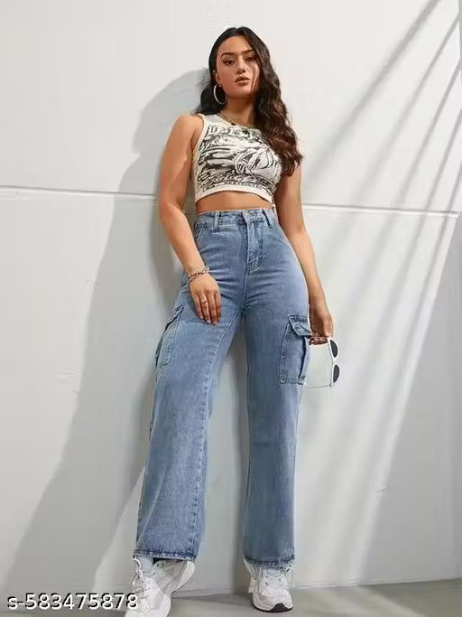 Glossia Fashion High Waist Cargo Denim Jeans for Women Wide Leg Stretchable Straight Fit Jeans