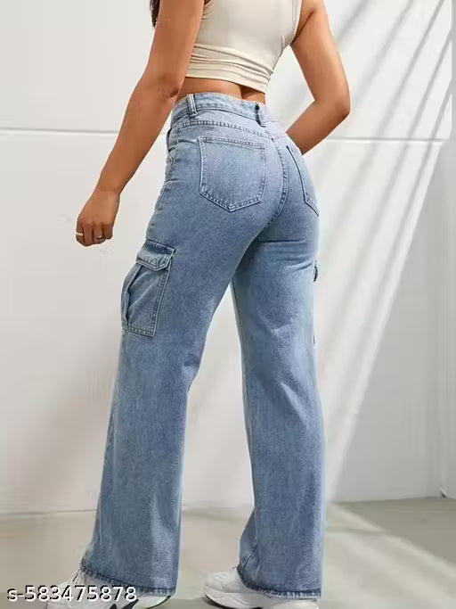 Glossia Fashion High Waist Cargo Denim Jeans for Women Wide Leg Stretchable Straight Fit Jeans