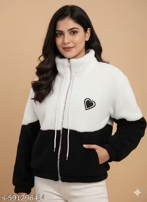 Women's Fleece Zip-Up Jacket with Heart Patch