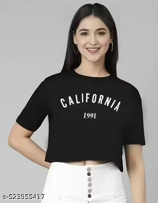 WOMEN AND GIRLS FASHIONABLE LATEST BLACK PRINTED CALIFORNIA CROP TOP