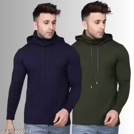 Men's Combo Cotton Blend Hooded Neck Full Sleeves Inbuilt Mask Casual T-Shirts (Pack of 2)