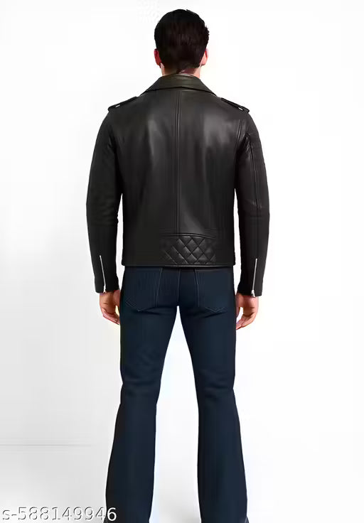 Little Cost ® Men's Men’s Black PU Leather Biker Jacket – Slim Fit, Quilted Design