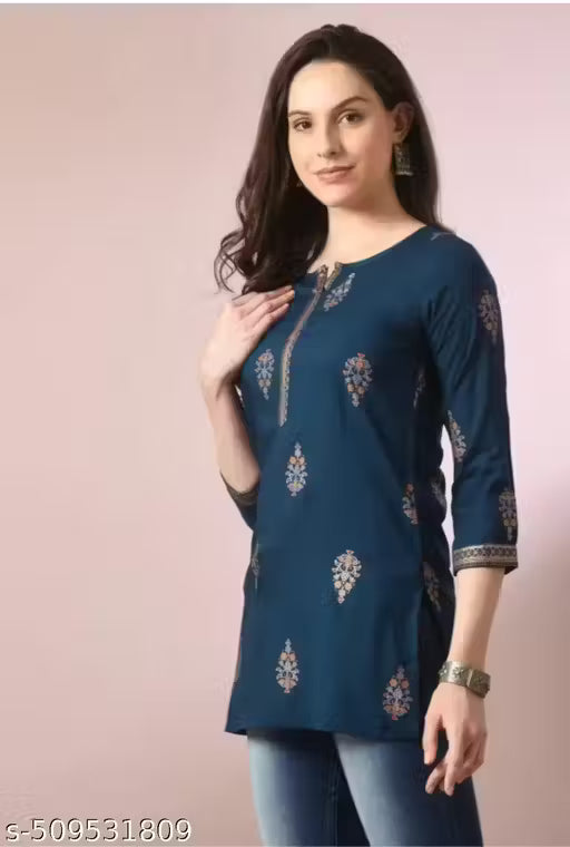 Women's Rayon Gold Printed A-line Short Top/Kurti for Casual wear, office wear Daily wear