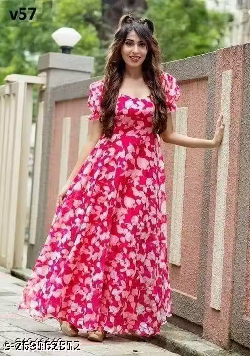 Red Flower Anarkali Style Dress For Beautiful Women