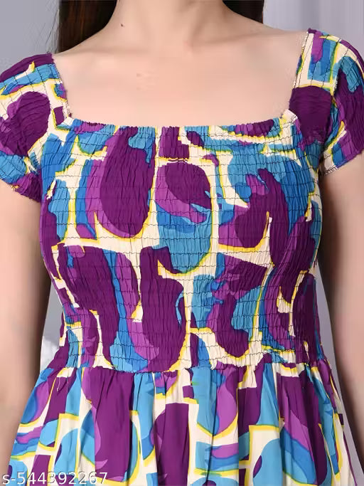 OTABU | Dress For Women | Multicolored Midi Dress for Women | Party Wear Dress | Smocked Bodice Dress | Off-Shoulder Neckline | Floral Printed Midi Dress for Women's