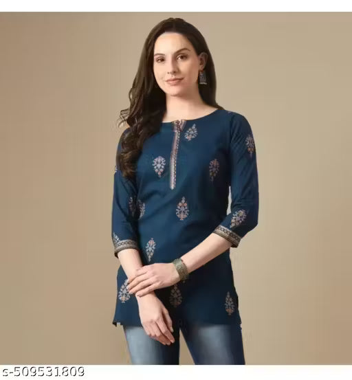 Women's Rayon Gold Printed A-line Short Top/Kurti for Casual wear, office wear Daily wear