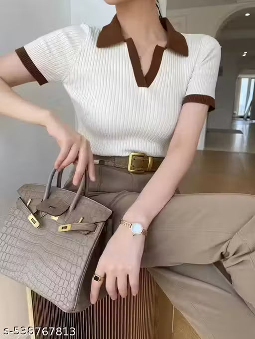SHIVA WHITE WITH BROWN RIB COLOR TOP