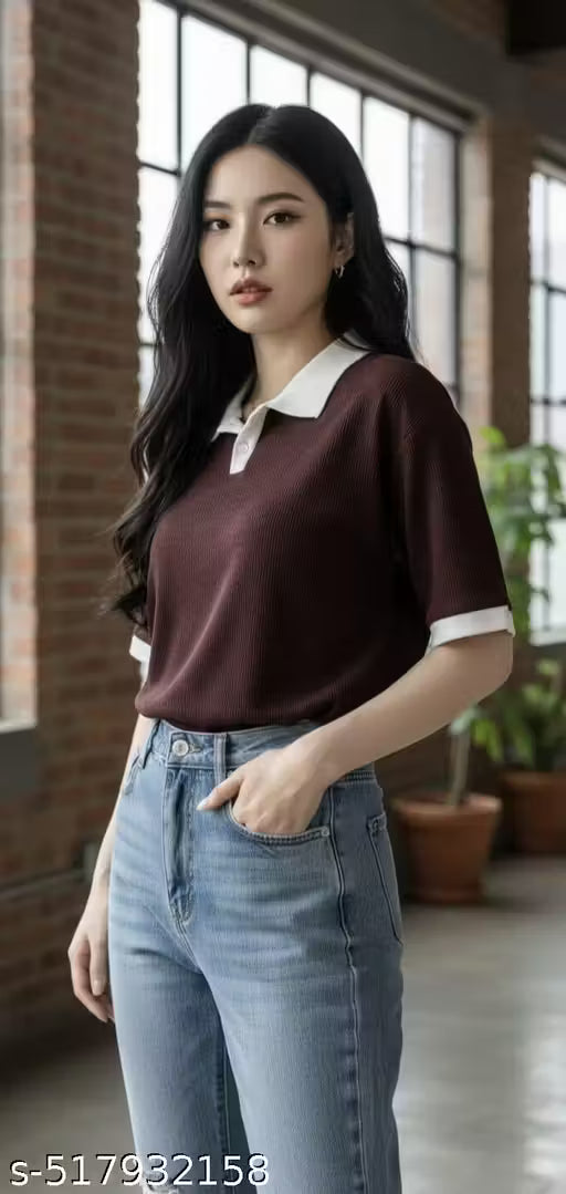 Korean Fashion Crop Top for Women || Trendy Korean Style Summer Top || Stylish Korean Polo Neck Crop Top || Lightweight Summer Crop Tee || Casual Korean Crop Top for Summer ||